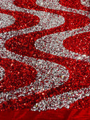 Wavy Line Velvet Sequins - Red / Silver - Velvet Sequins 2 Way Stretch Fabric 58/60” By Yard