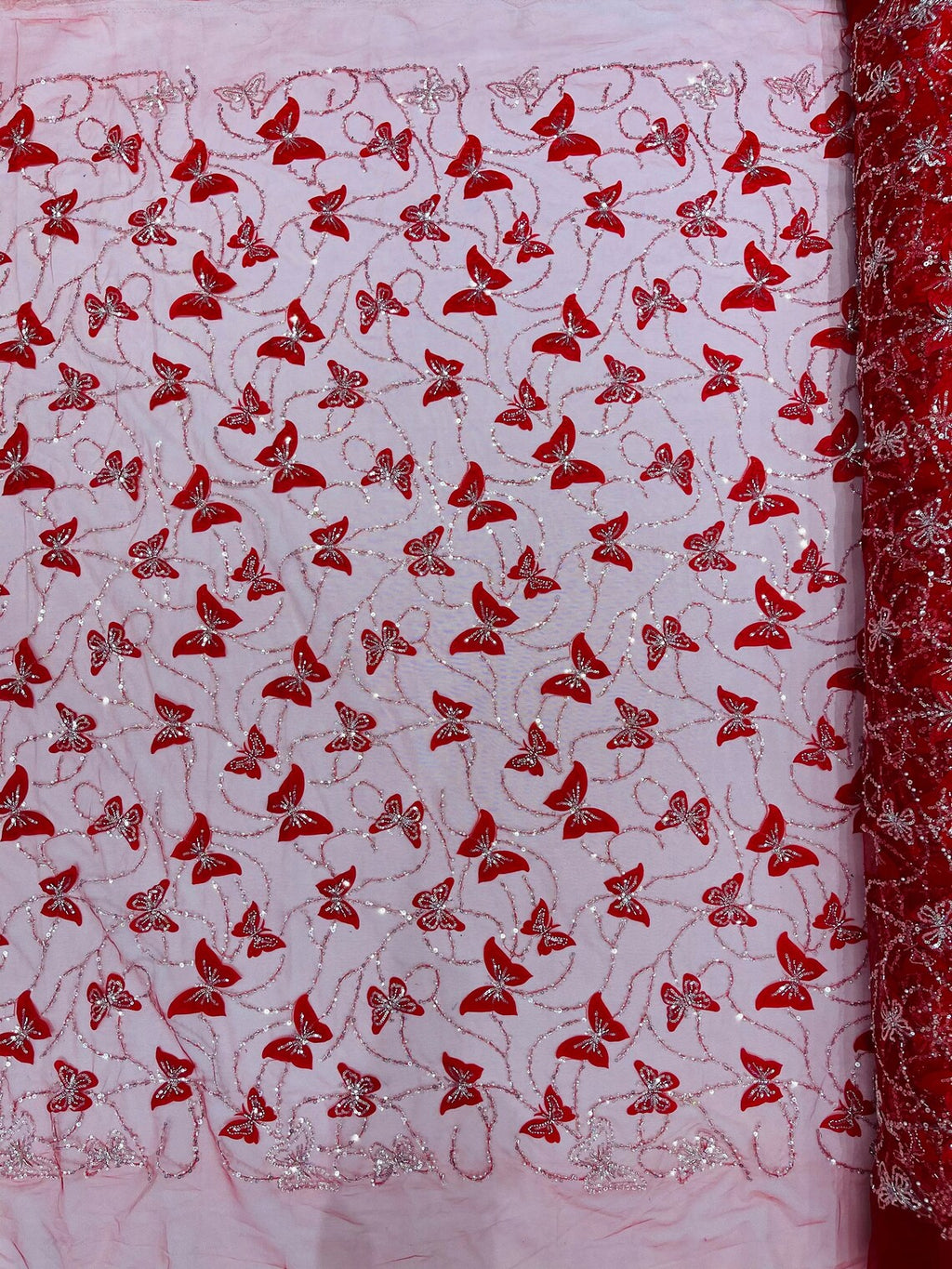 3D Butterfly Beaded Fabric - Red / Silver - Beaded Sequins Butterfly Embroidered Fabric By Yard