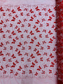 3D Butterfly Beaded Fabric - Red / Silver - Beaded Sequins Butterfly Embroidered Fabric By Yard