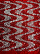 Wavy Line Velvet Sequins - Red / Silver - Velvet Sequins 2 Way Stretch Fabric 58/60” By Yard