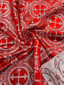 Brocade Cross Fabric - Red / Silver - Church Vestment Religious Jacquard Fabric By Yard
