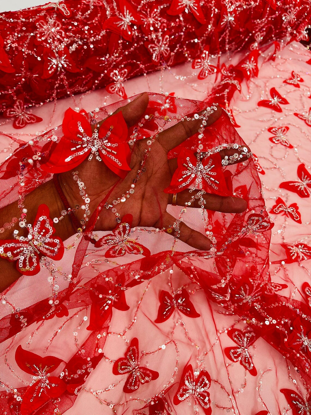 3D Butterfly Beaded Fabric - Red / Silver - Beaded Sequins Butterfly Embroidered Fabric By Yard