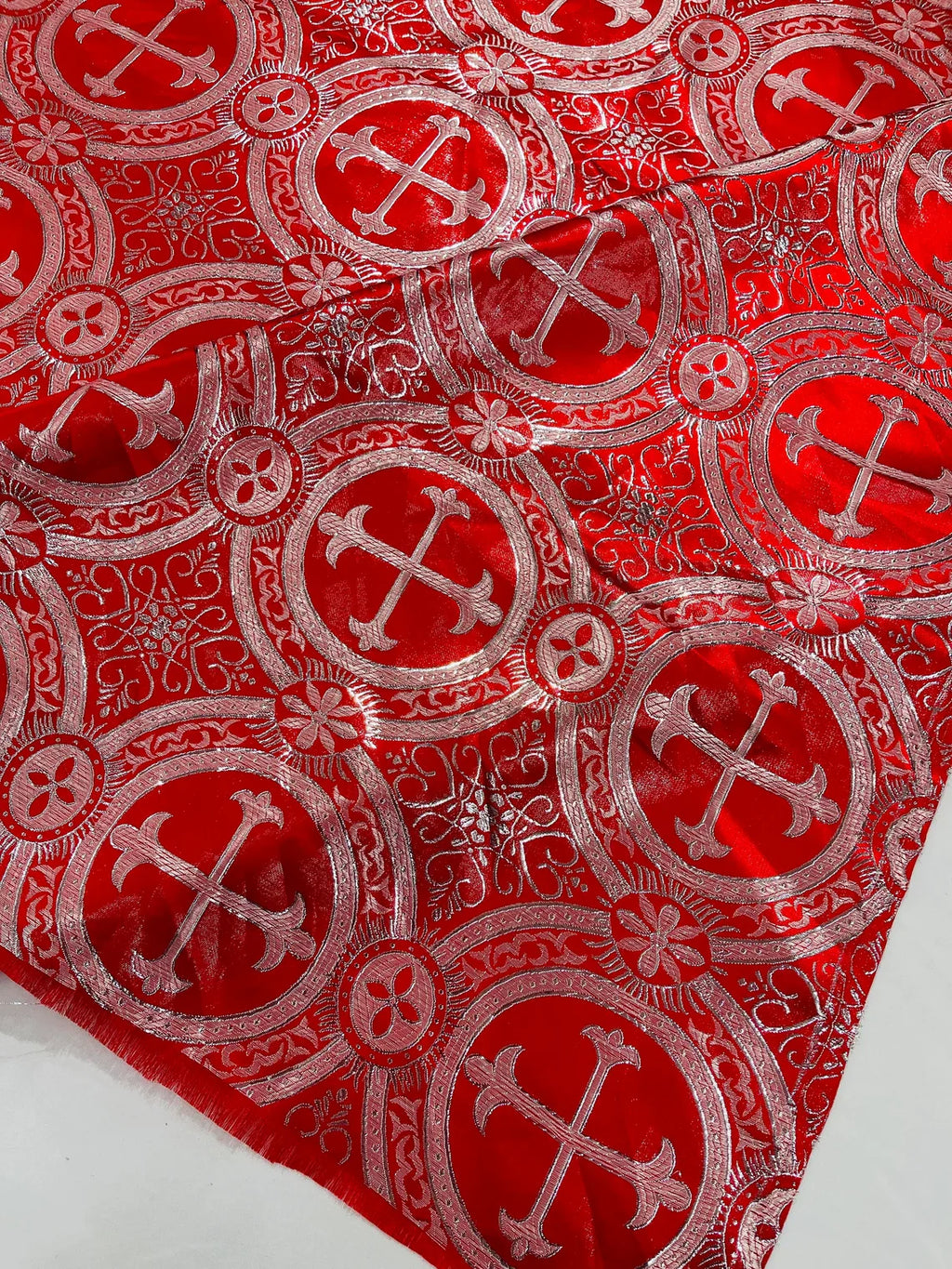 Brocade Cross Fabric - Red / Silver - Church Vestment Religious Jacquard Fabric By Yard