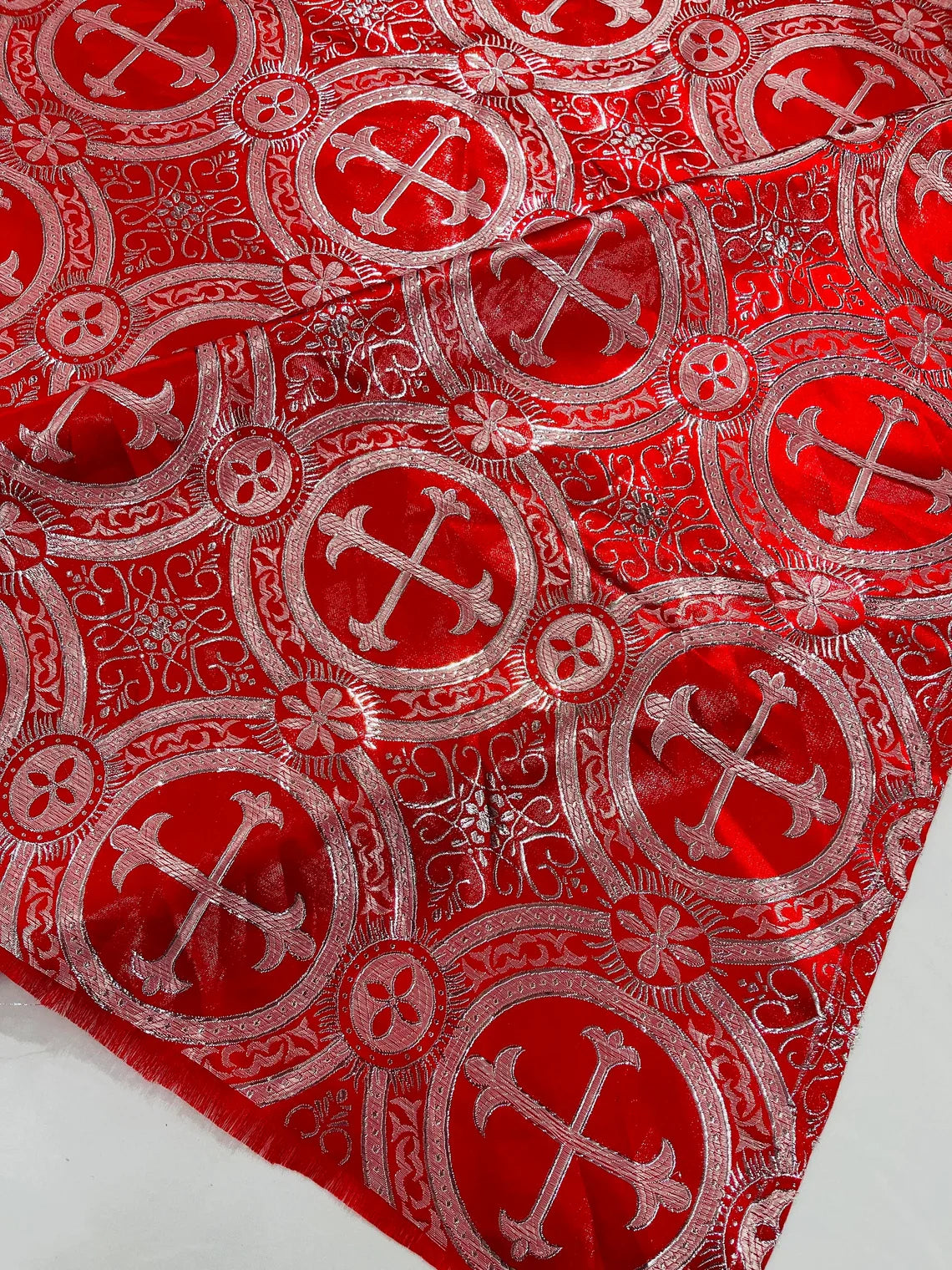 Brocade Cross Fabric - Red / Silver - Church Vestment Religious Jacquard Fabric By Yard