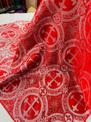 Brocade Cross Fabric - Red / Silver - Church Vestment Religious Jacquard Fabric By Yard