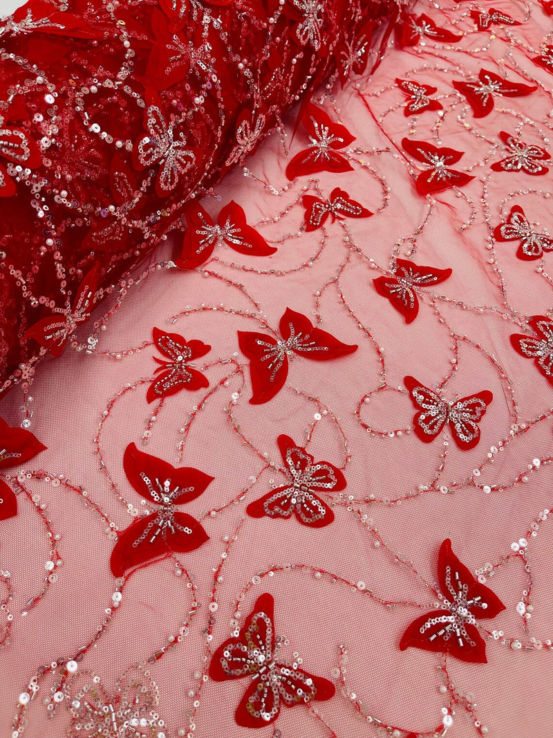 3D Butterfly Beaded Fabric - Red / Silver - Beaded Sequins Butterfly Embroidered Fabric By Yard