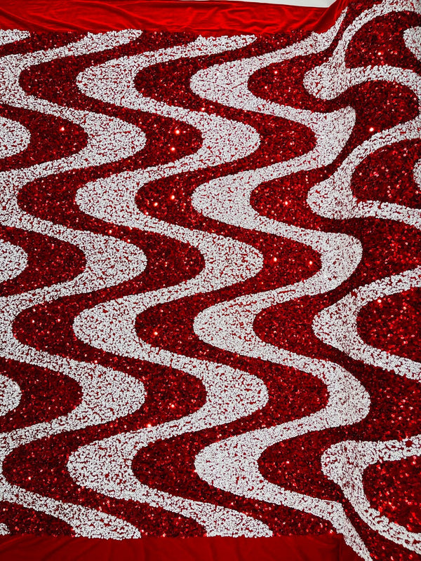 Wavy Line Velvet Sequins - Red / White - Velvet Sequins 2 Way Stretch Fabric 58/60” By Yard
