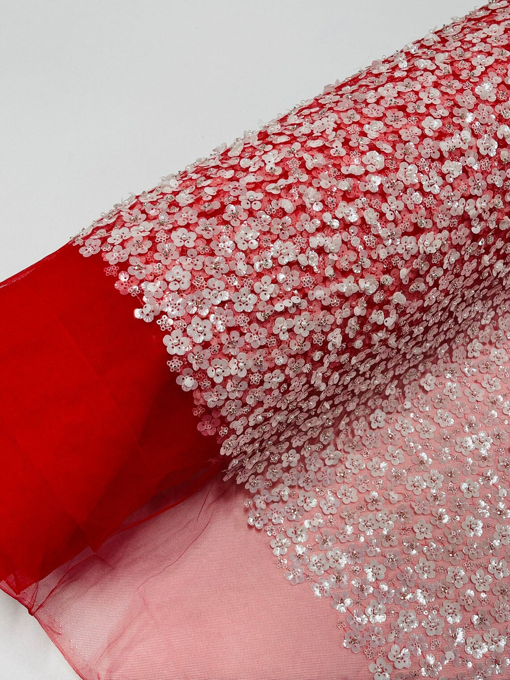 Stunning Bright Red Bead Sequin Pearl Metallic Fabric - OneYard