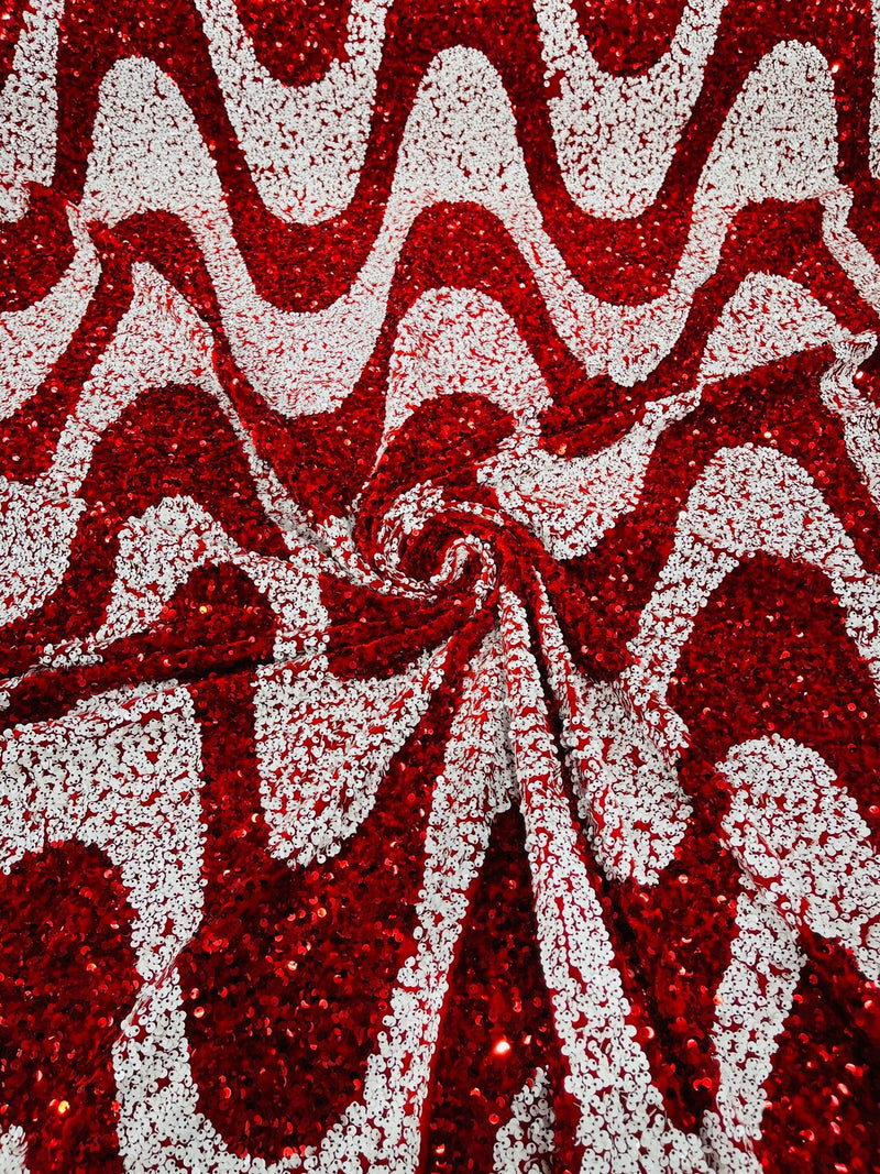 Wavy Line Velvet Sequins - Red / White - Velvet Sequins 2 Way Stretch Fabric 58/60” By Yard