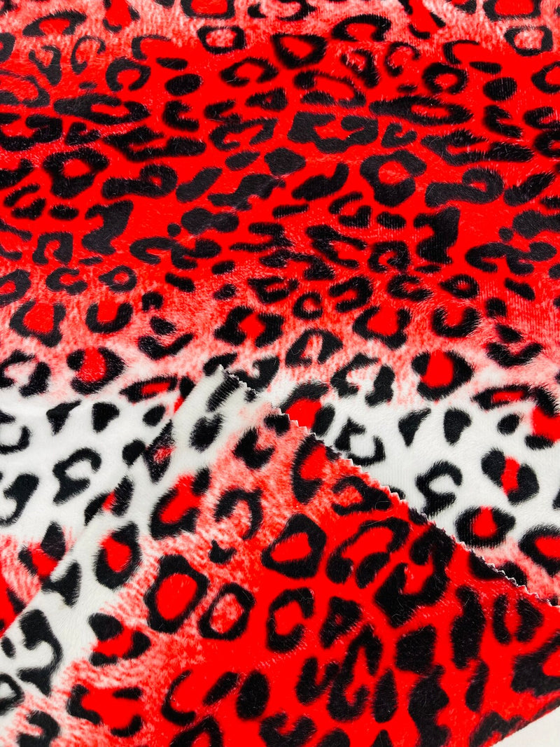 Leopard Velboa Faux Fur Fabric - Red / White - Cheetah Animal Print Velboa Fabric Sold By The Yard