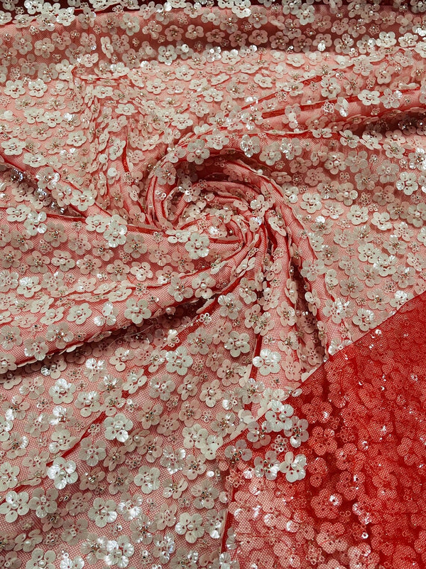 Small Beaded Flower Pearl Fabric - Red / White - Pearls and Beads Embroidered Fabric By Yard