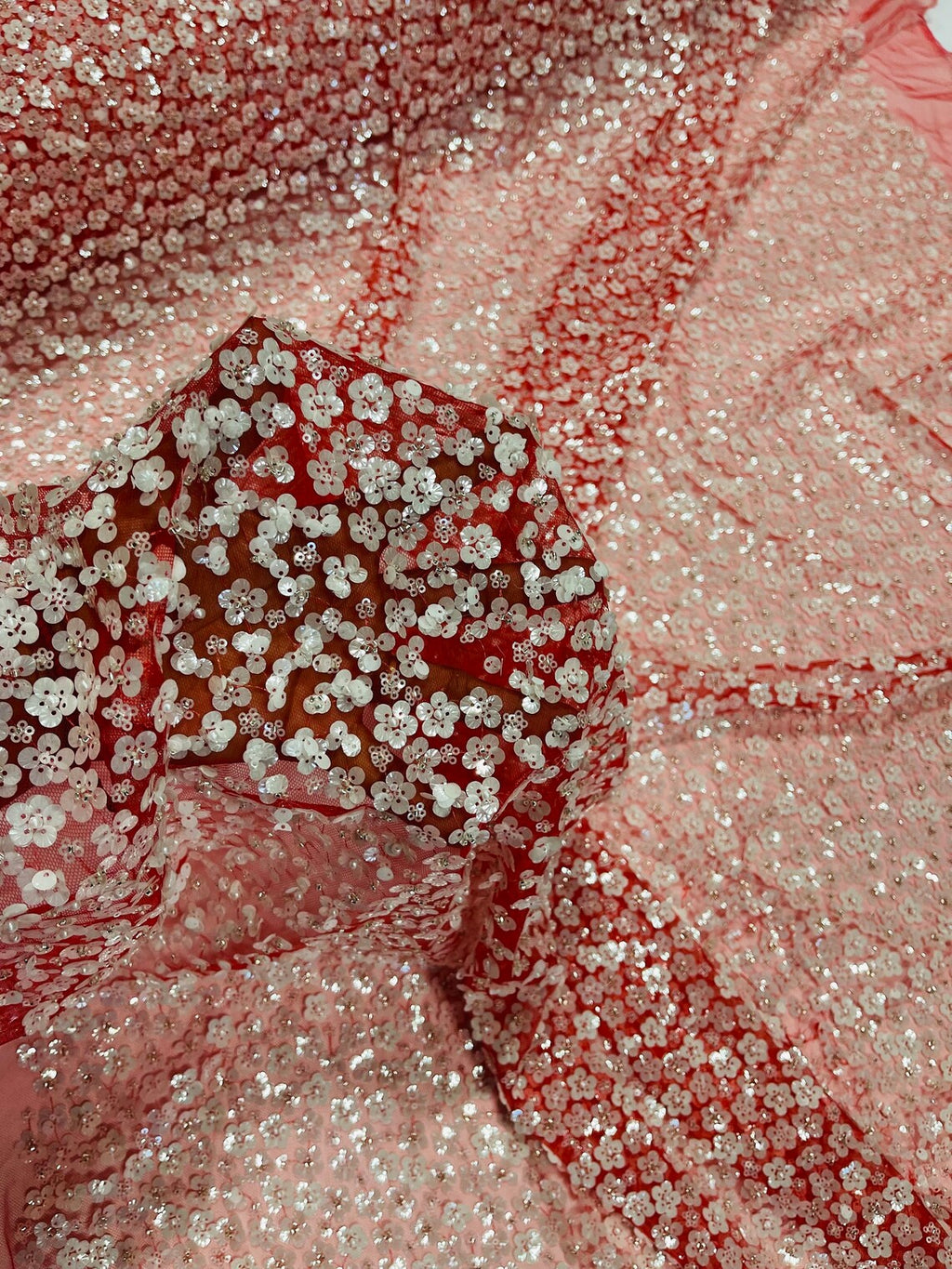 Stunning Bright Red Bead Sequin Pearl Metallic Fabric - OneYard