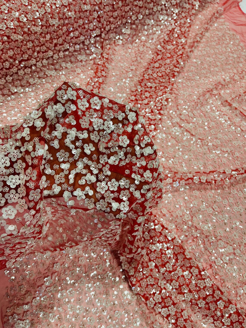 Small Beaded Flower Pearl Fabric - Red / White - Pearls and Beads Embroidered Fabric By Yard