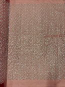 Small Beaded Flower Pearl Fabric - Red / White - Pearls and Beads Embroidered Fabric By Yard