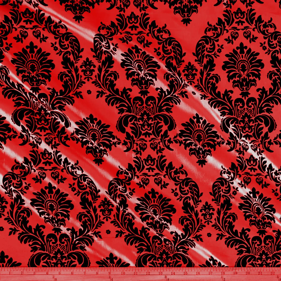 Flocked Taffeta Damask Design - Taffeta with Flocked Velvet Damask Design Sold By Yard