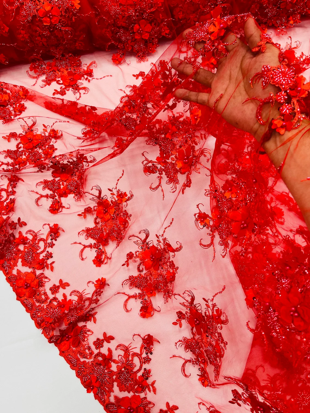 3D Flower Sequins Design - Red - Embroidered Pearl Sequins Floral Clusters Lace Fabric By Yard