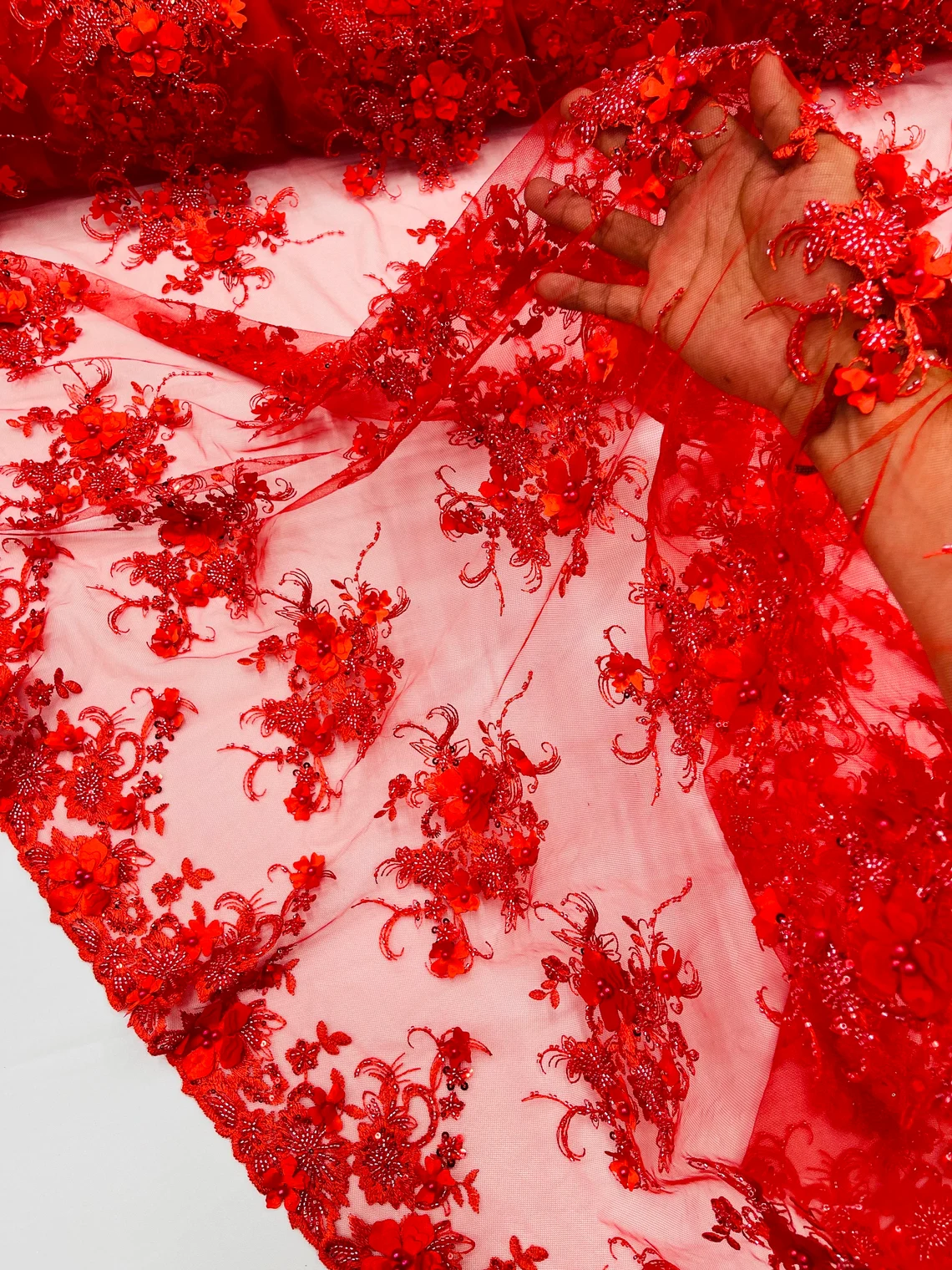3D Flower Sequins Design - Red - Embroidered Pearl Sequins Floral Clusters Lace Fabric By Yard
