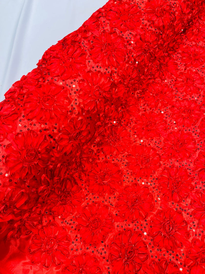 Satin Rosette Sequins Fabric - Red - 3D Rosette Satin Rose Fabric with Sequins By Yard