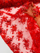 3D Flower Sequins Design - Red - Embroidered Pearl Sequins Floral Clusters Lace Fabric By Yard