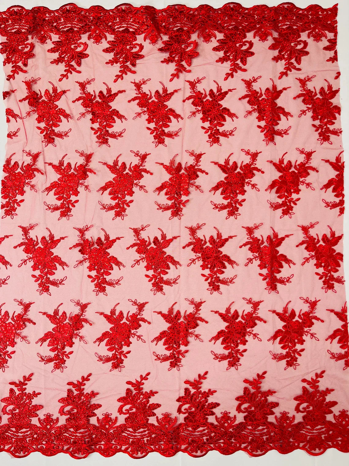 Floral Plant Lace Fabric - Red - Flower Plant Design Lace Sequins Fabric Sold By Yard