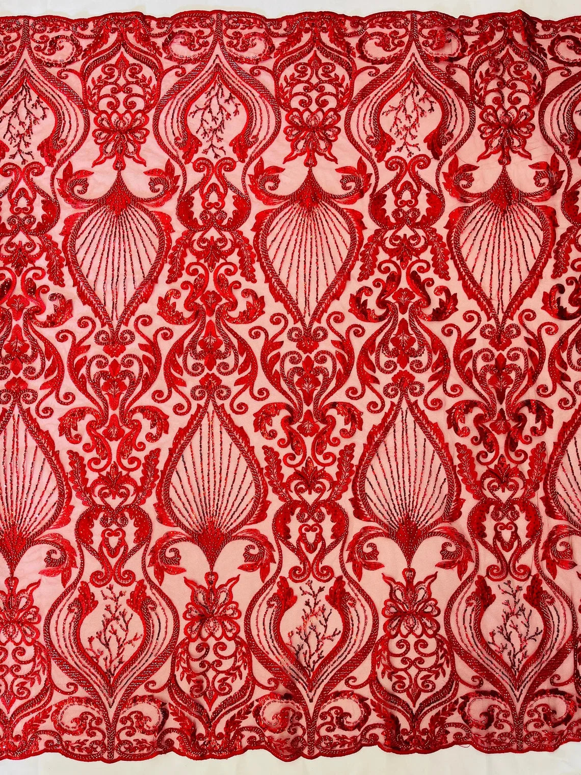 Damask Leaf Bead Fabric - Red - Heavy Beaded Embroidered Sequins Lace Fabric by Yard