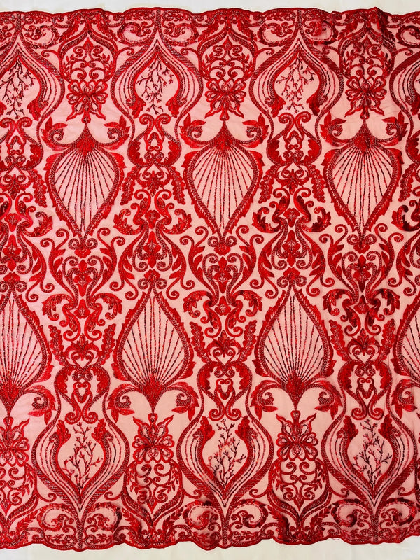 Damask Leaf Bead Fabric - Red - Heavy Beaded Embroidered Sequins Lace Fabric by Yard