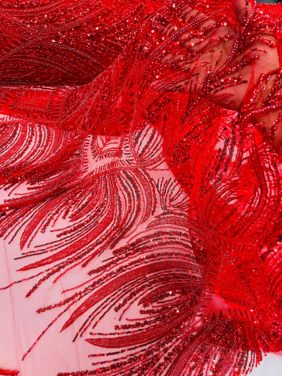 Beaded Lines Fabric - Red - Luxury Beads and Sequins Line Design Fabric By Yard