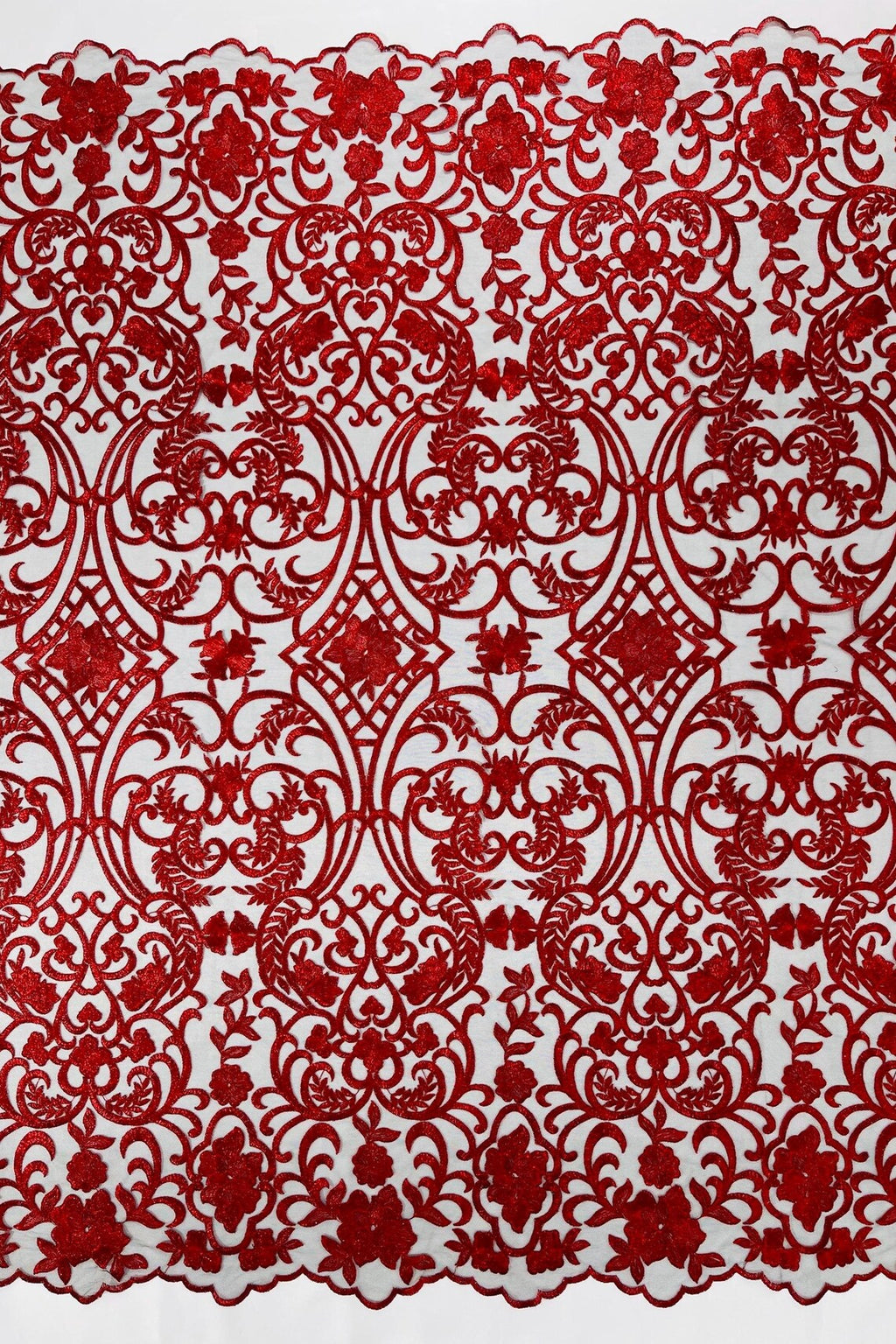 Fancy Damask Lace Fabric - Red on Black - Embroidered Damask Design Mesh on Lace Fabric by Yard