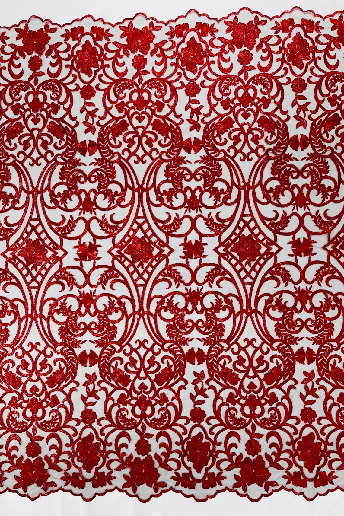 Fancy Damask Lace Fabric - Red on Black - Embroidered Damask Design Mesh on Lace Fabric by Yard