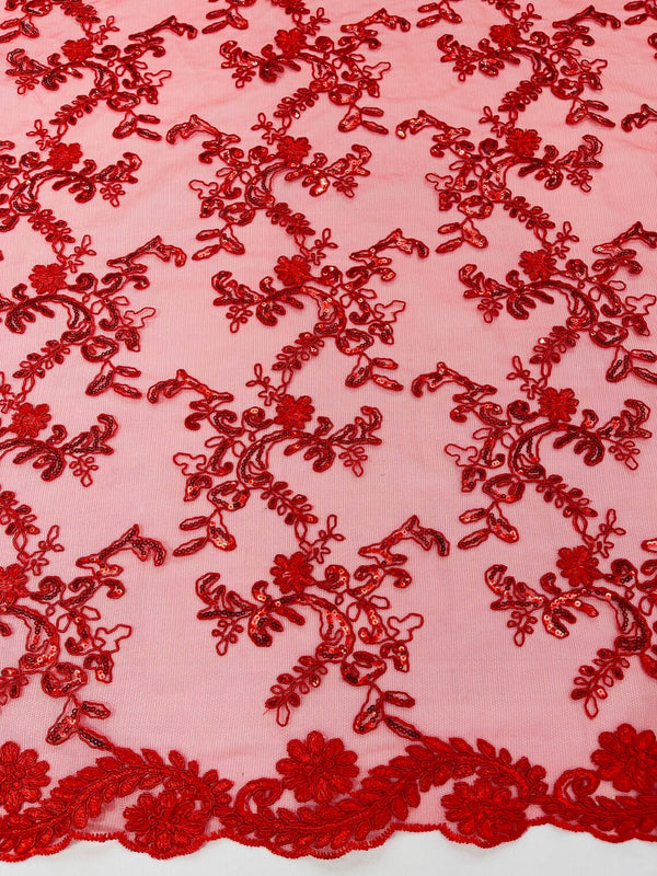 Floral Sequins Lace Fabric - Red - Embroidery Flower Clusters Design with Shiny Sequins  Fabric Sold By Yard