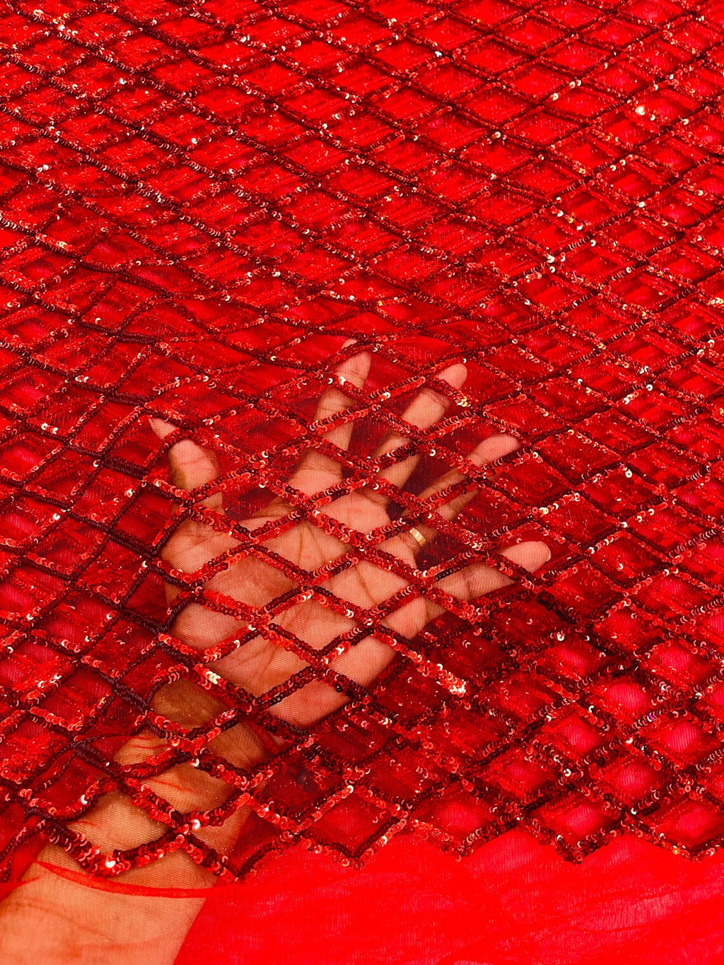 Diamond Sequins Fabric - Purple - Diamond Geometric Net Design on Mesh Lace Fabric By Yard