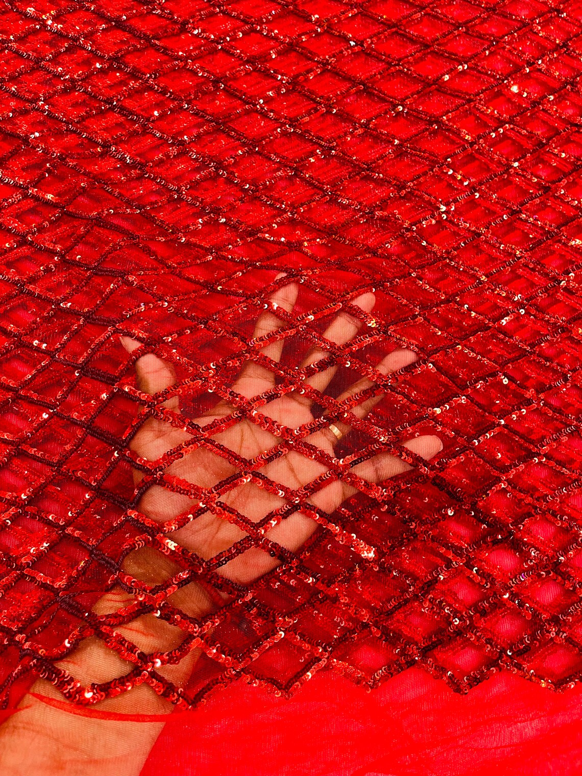 Diamond Sequins Fabric - Purple - Diamond Geometric Net Design on Mesh Lace Fabric By Yard