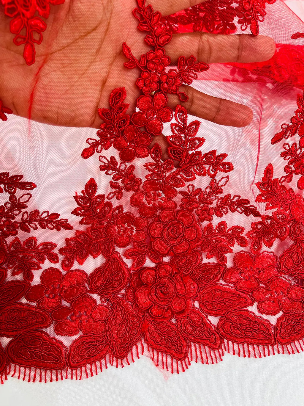 Corded Floral 3D Fabric - Red - Embroidered Floral Design on Lace Mesh Fabric by Yard