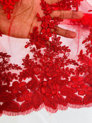 Corded Floral 3D Fabric - Red - Embroidered Floral Design on Lace Mesh Fabric by Yard