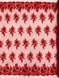 3D Floral Fabric with Floral Border - Red - Embroidered Floral Fabric with Sequin and Beads By Yard