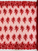 3D Floral Fabric with Floral Border - Red - Embroidered Floral Fabric with Sequin and Beads By Yard