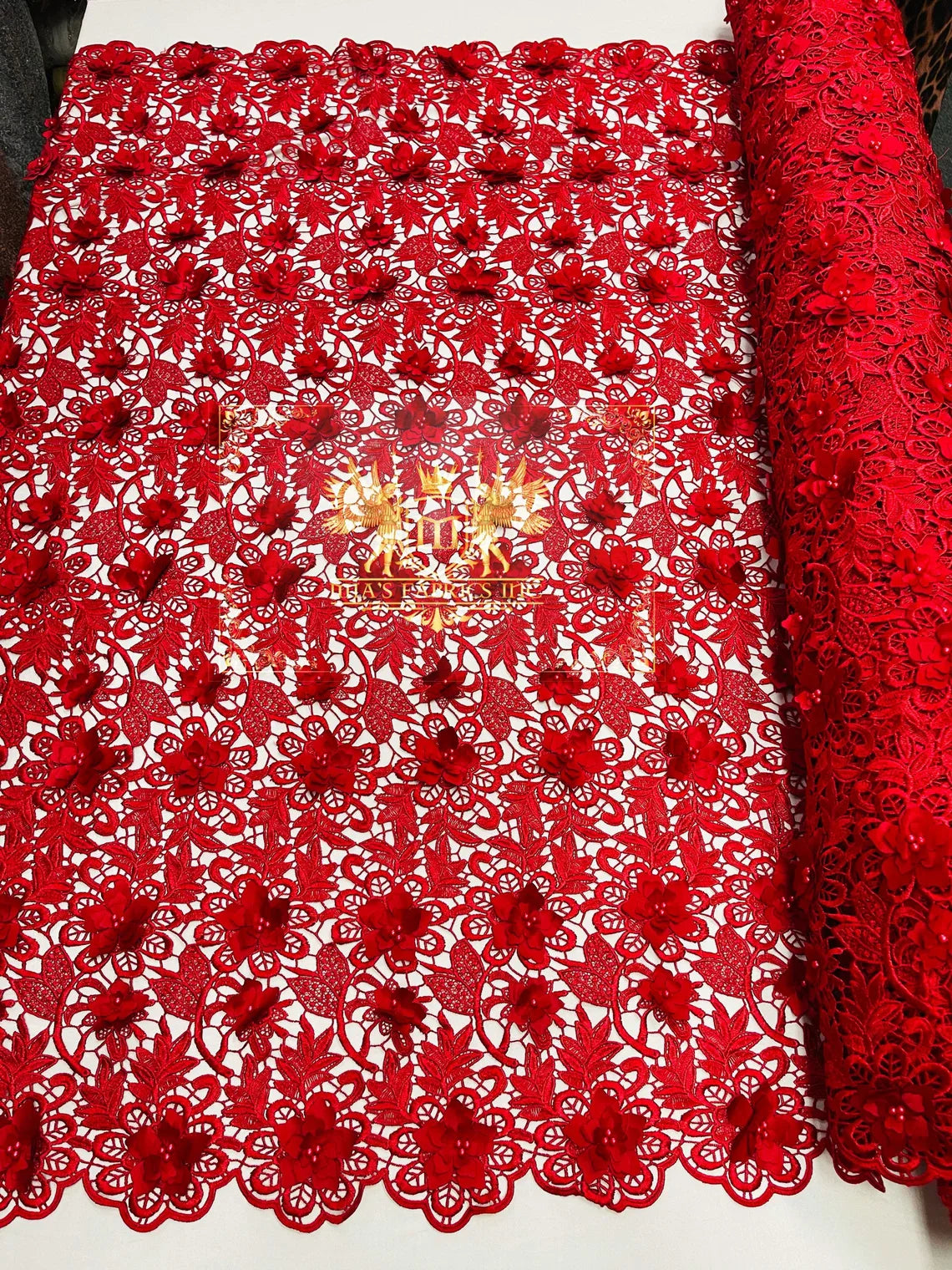 Guipure Floral Lace Fabric - Red - Floral Pearls Guipure Fabric Sold By Yard
