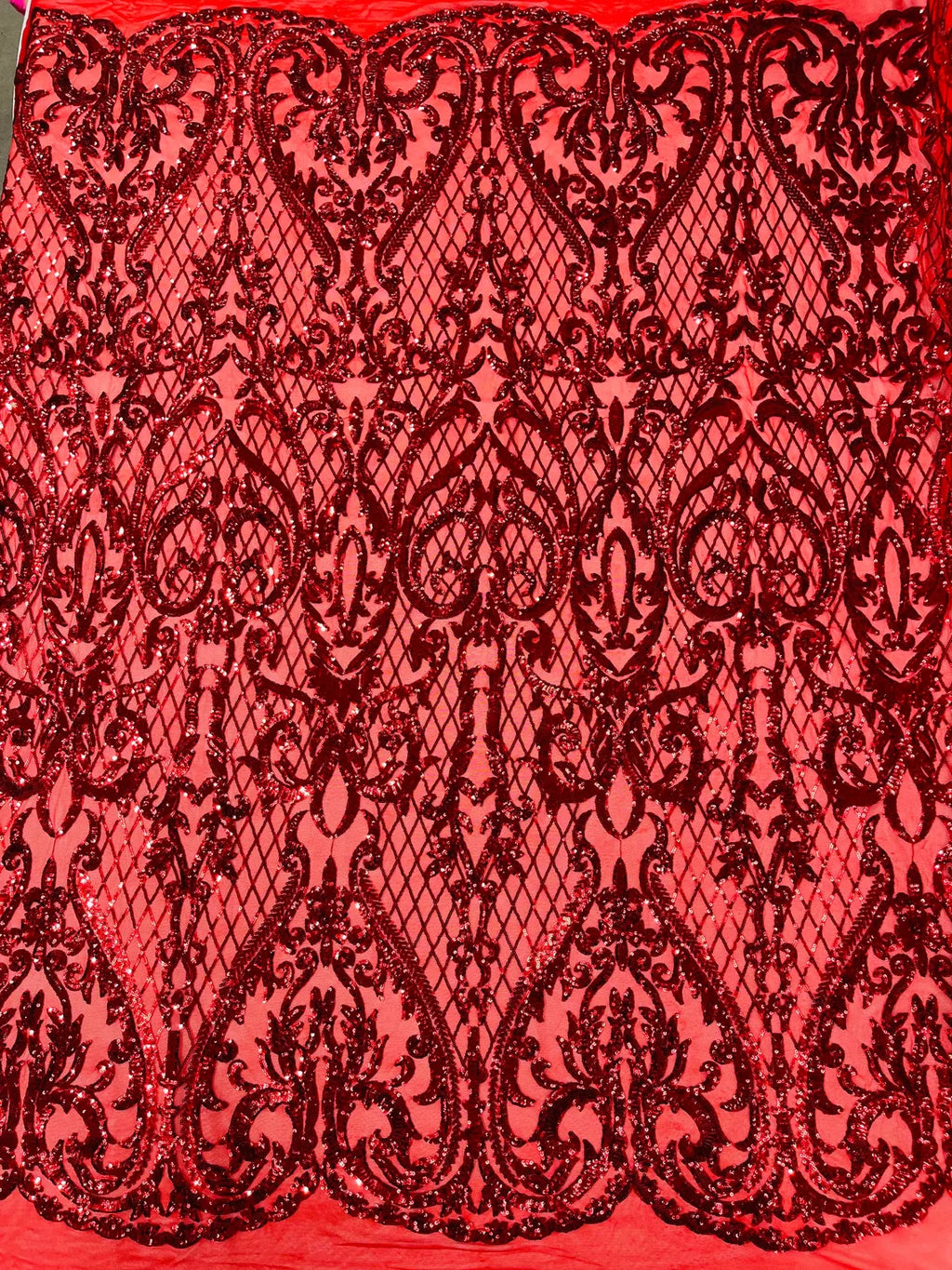 Heart Damask Sequins - Red - 4 Way Stretch Elegant Shiny Net Sequins Fabric By Yard