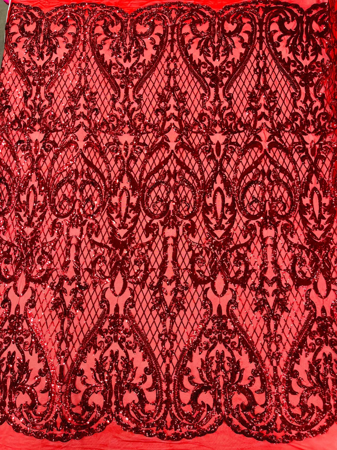Heart Damask Sequins - Red - 4 Way Stretch Elegant Shiny Net Sequins Fabric By Yard