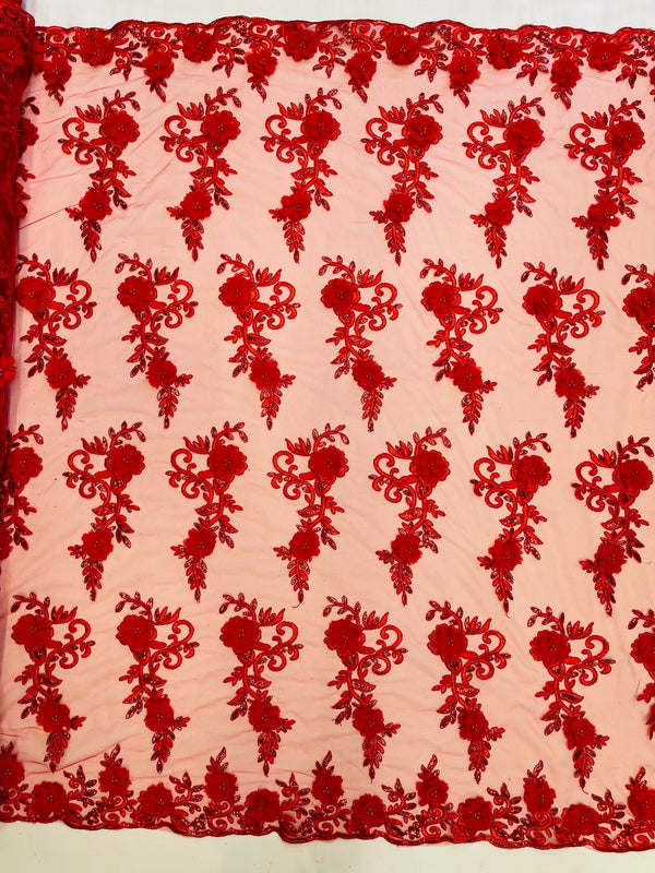 3D Flower Cluster Fabric - Red - 3D Flower Leaf Design Fabric with Pearls Sold By Yard