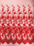 3D Scalloped Border Fabric - Red - 3D Flowers Embroidered on Lace Sold By Yard