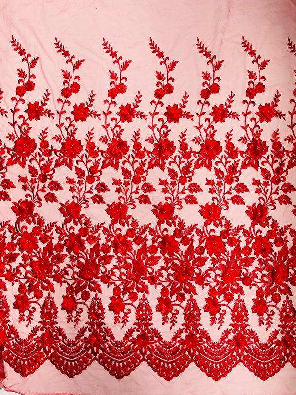3D Scalloped Border Fabric - Red - 3D Flowers Embroidered on Lace Sold By Yard