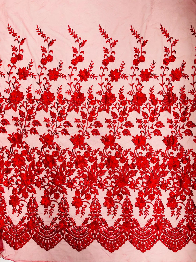 3D Scalloped Border Fabric - Red - 3D Flowers Embroidered on Lace Sold By Yard