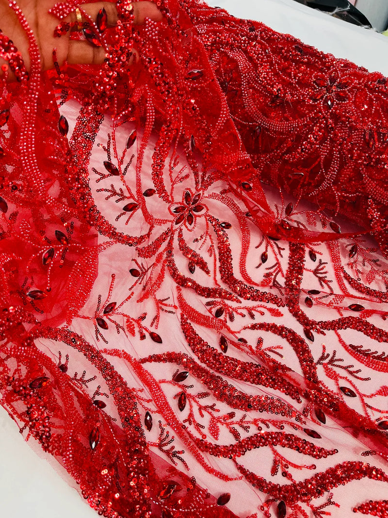 Wavy Leaf / Floral Bead Fabric - Red - Beaded Rhinestone Embroidered on a Mesh By Yard