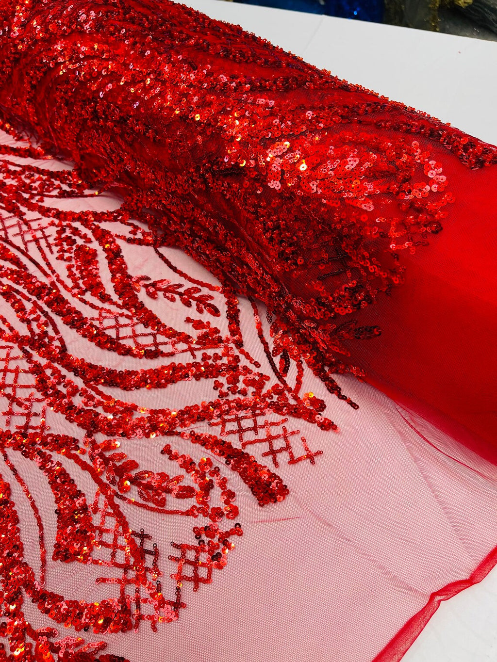 Floral Beaded Wavy Fabric - Red - Beaded Sequins Wavy Embroidered Fabric Sold By Yard