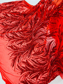 Leaf Design Stretch Sequins - Red - 4 Way Stretch Lace Mesh Sequins Fabric by Yard