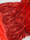 Mermaid Design Sequins Fabric - Red - Sequins Fabric 4 Way Stretch on Mesh By Yard