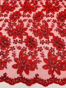 Corded Lace Floral Fabric - Red - Hologram Sequins Metallic Thread Floral Fabric by Yard