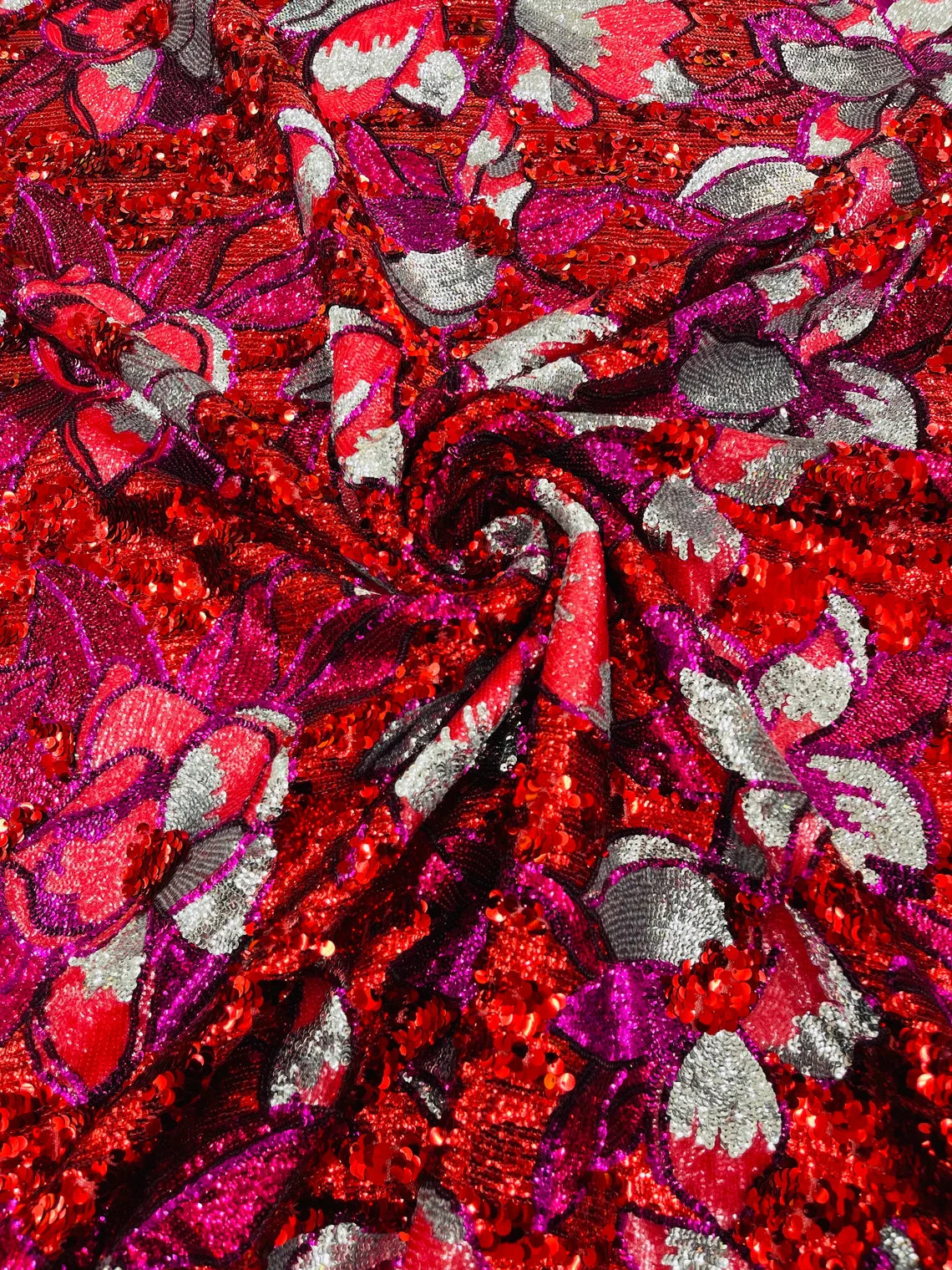 Orchid Design Sequins - Red - 4 Way Stretch Full Sequins Floral Design Mesh Fabric By Yard