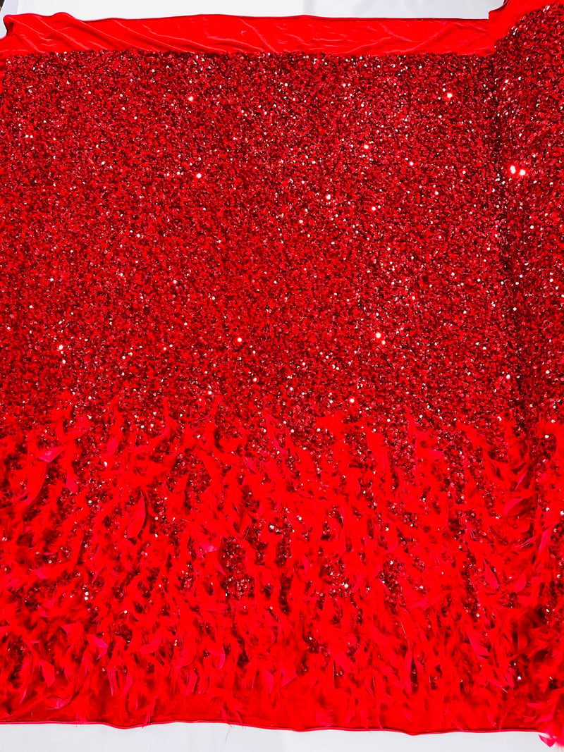 Feather Sequin Velvet Fabric - Red - 5mm Sequins Velvet 2 Way Stretch 58/60" Fabric By Yard